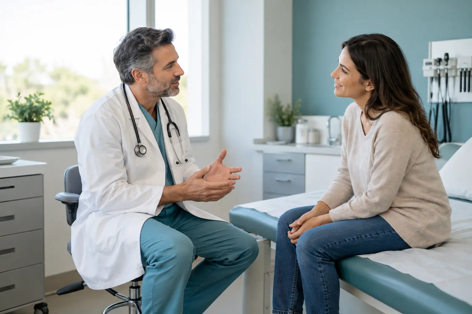 Colloquio tra un medico e una paziente in un ambiente clinico moderno